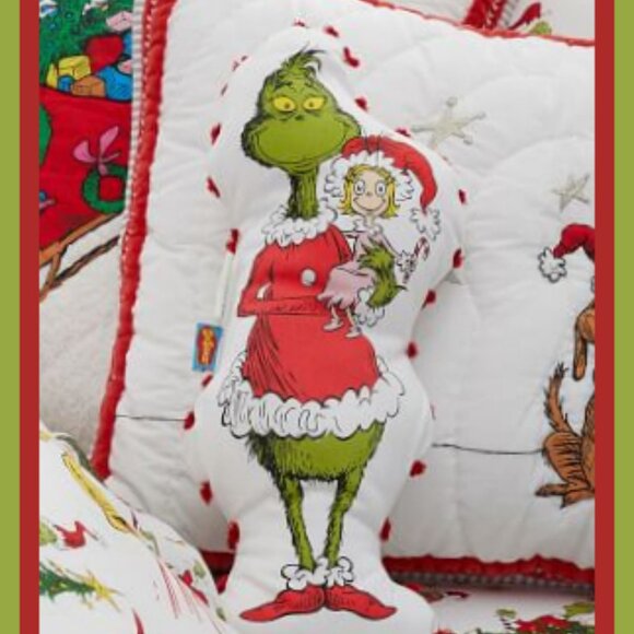 NEW RARE Pottery Barn Kids Dr. Seuss The Grinch Pom-Pom Pillow 8" w x 19" h - Picture 2 of 4